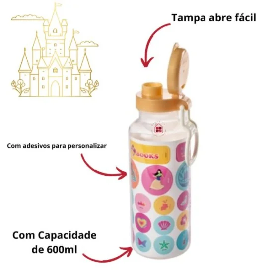Garrafinha Abre Fcil Princesas Com Cartela de Adesivos 600ml