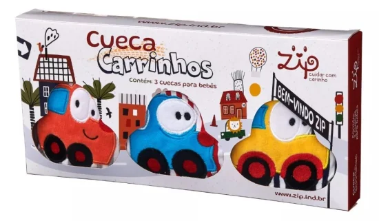 Kit com 3 Cuecas Infantil Carros ZIP 0/ 6 M (19 A 30CM)