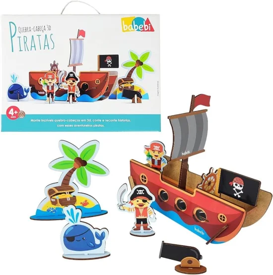 Quebra Cabea Infantil 3D De Madeira MDF Educativo Piratas Babebi