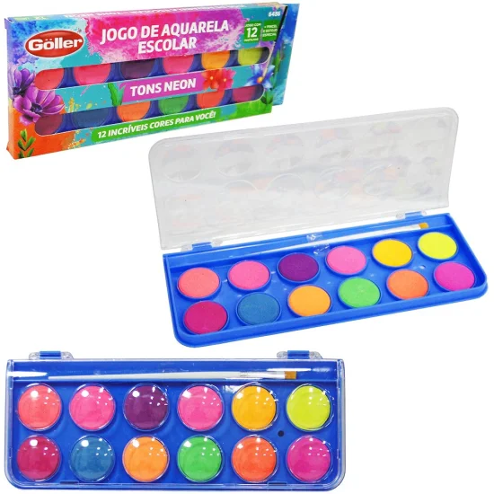 Jogo de Aquarela Cores Neon estojo 12 cores
