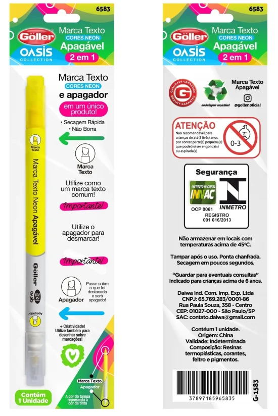 1 CANETA MARCA TEXTO APAGAVEL OASIS AMARELO