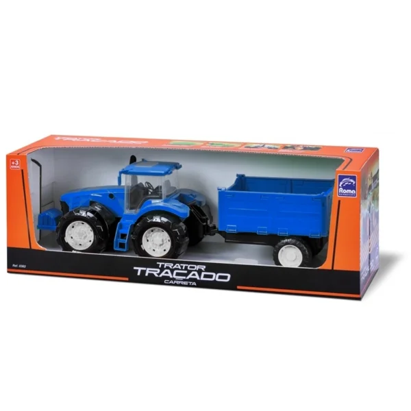 Trator Traado Com Carreta Azul - Roma Brinquedos