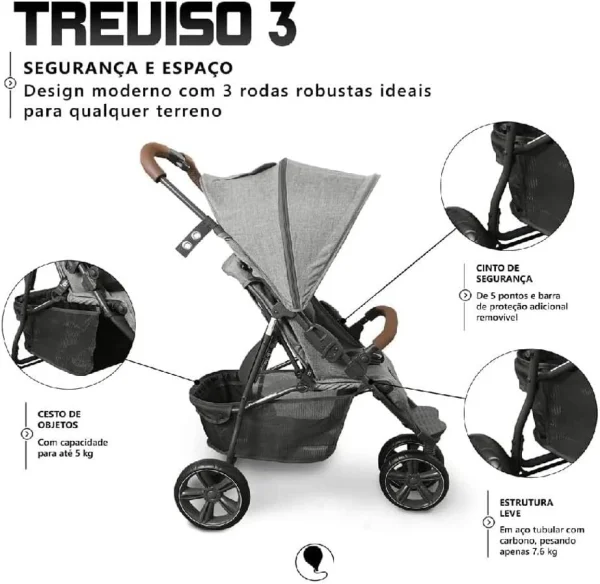 Carrinho de Bebê Treviso 3 Woven Grey com Couro