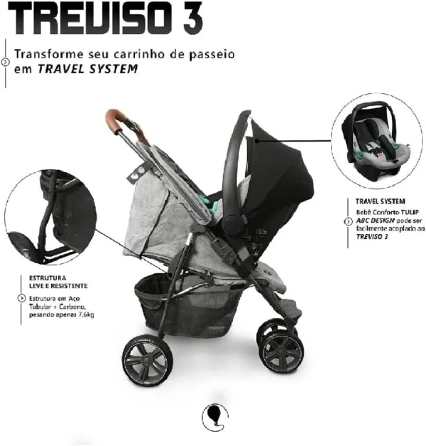 Carrinho de Bebê Treviso 3 Woven Grey com Couro