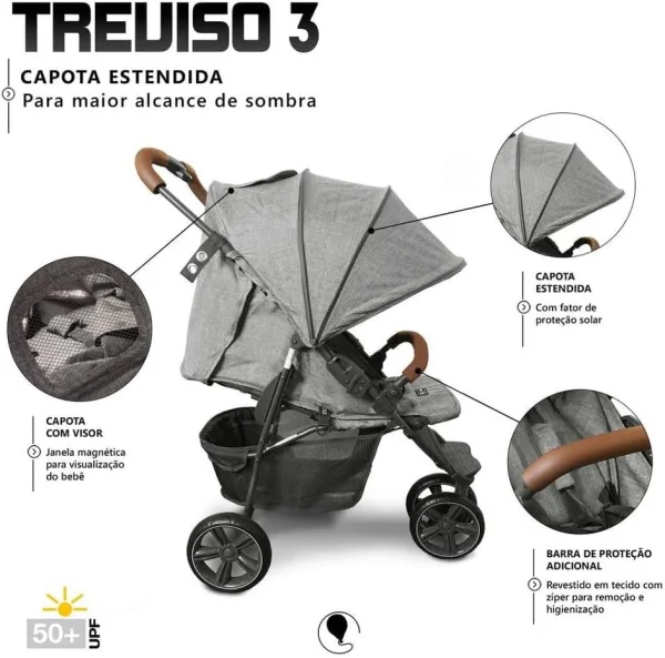Carrinho de Bebê Treviso 3 Woven Grey com Couro