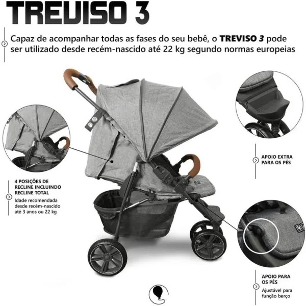 Carrinho de Bebê Treviso 3 Woven Grey com Couro