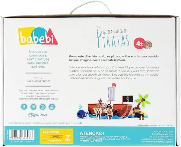 Quebra Cabea Infantil 3D De Madeira MDF Educativo Piratas Babebi