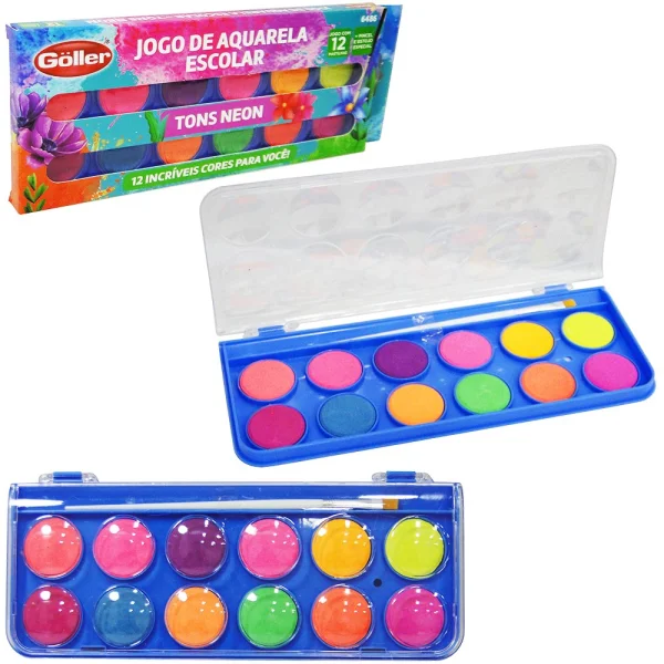 Jogo de Aquarela Cores Neon estojo 12 cores