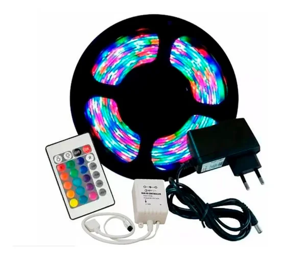 Fita LED RGB 3528 Rolo 5M com Fonte 12V 2A e Controle Remoto