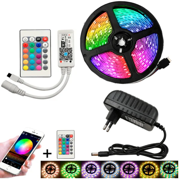 Fita LED RGB 3528 Rolo 5M com Fonte 12V 2A e Controle Remoto