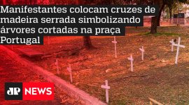 Manifestantes colocam cruzes de madeira serrada para simbolizar corte de �rvores na pra�a Portugal