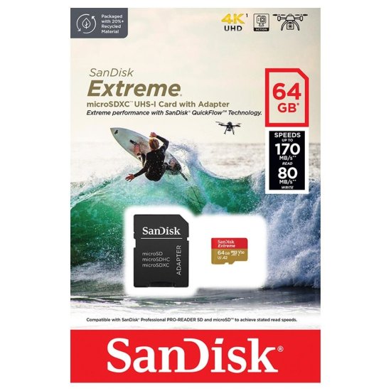 Cart�o de Mem�ria SanDisk MicroSD Extreme 64GB Classe 10 - SDSQXAH-064G-GN6AA