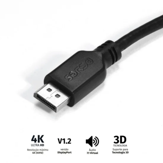 Cabo DISPLAYPORT Macho Para DISPLAYPORT Macho 2 Metros V1.2 - PDPM-2