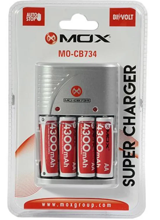 Carregador de Pilhas Mox MO-CB734 com 4 Pilhas AA 4300mAh