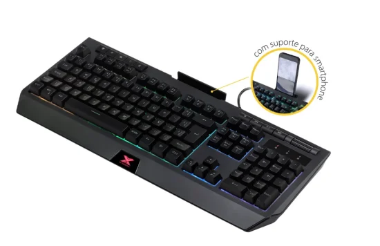Teclado Gamer Vx Gaming Protector Abnt2 Multimidia Led 7 Cores Usb Com Suporte Smartphone - Gt800