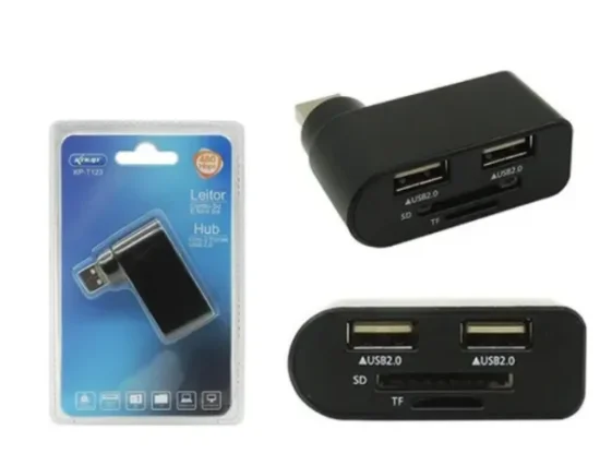HUB USB 2.0 2 PORTAS E LEITOR DE CARTO SD E MINI SD KNUP KP-T123