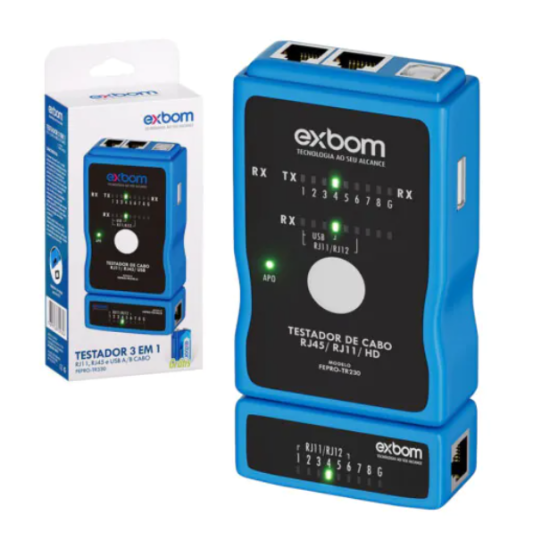 Testador De Cabo de Rede RJ45/11/12 E Cabo de Impressora Exbom FEPRO-TR330
