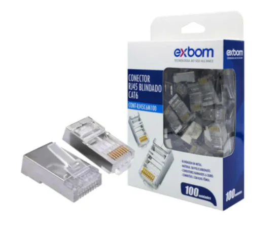Conector Blindado RJ45 Cat6e 8P8c Para Gigabit Ethernet Banhado a Ouro 100 Unidades Exbom - CONT-RJ45C6M100
