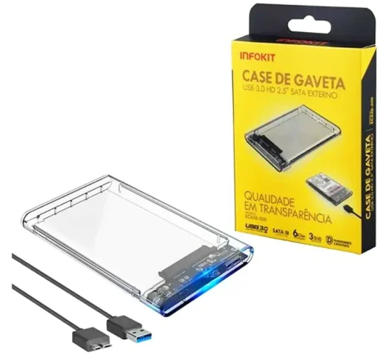 Case Para HD Externo Transparente USB 3.0 Transmiss�o 6Gbps Sata 2.5