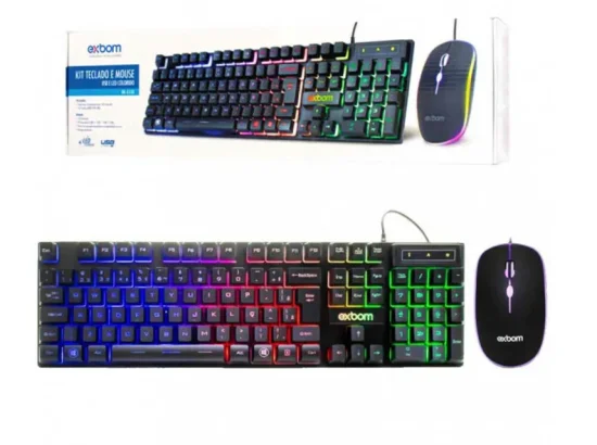 Kit Teclado e Mouse USB LED RGB ABNT2 Exbom BK-G550