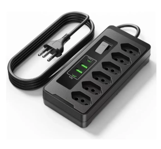 Filtro De Linha R�gua Extens�o 6 Tomadas E 2 Usb 2 Pd 2500 Watts Cabo 2 Metros 10A Preto
