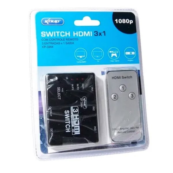 Adaptador Switch HDMI com Controle Remoto 3 Entradas 1 Sa�da - KP-3464