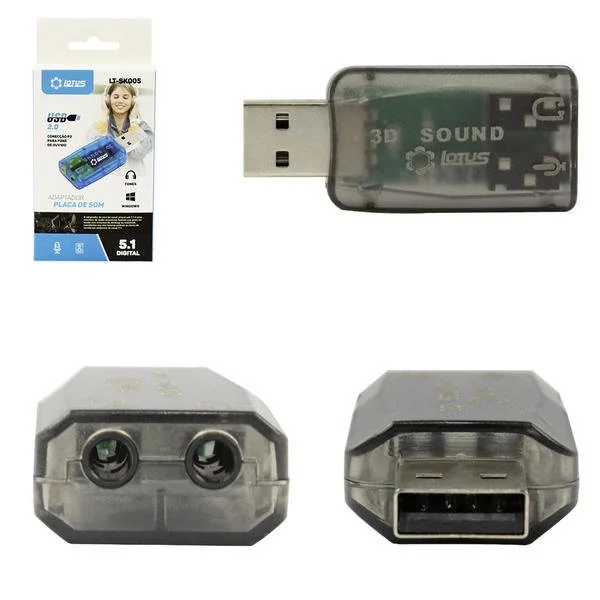 Adaptador de Placa De Som 5.1 USB 2.0 Com Entrada P2 Fone e Microfone Preto LT-SK005 LOTUS