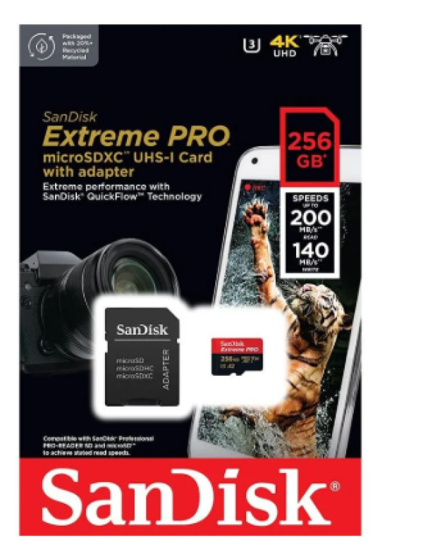 Cart�o de Mem�ria Sandisk UHS-I Extreme Pro, Micro SDXC, 256GB, 200MB/s C/ Adap SDSQXCD-256G-GN6MA