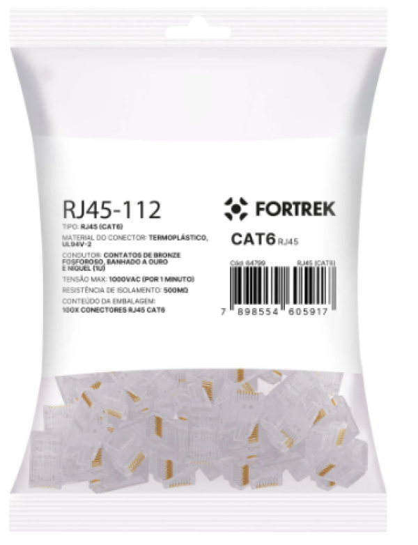 Conector Macho CAT6 RJ45 112 Fortrek FK 140E Pct 100un