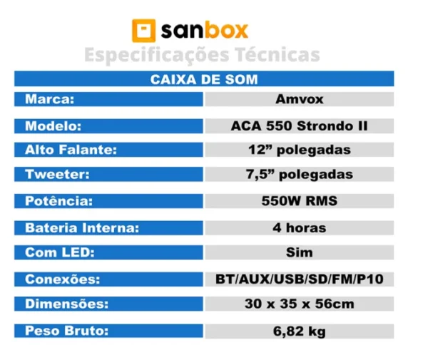 Alto-falante Bluetooth Porttil, Com LED, Amvox ACA 550 Strondo II, 550W RMS