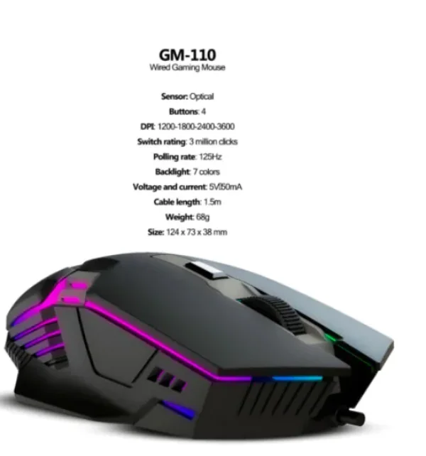 Mouse Gamer Optico Xtrike-ME GM-110 com Fio USB RGB 3600dpi