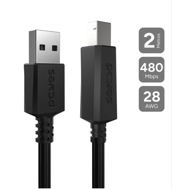 Cabo P/ Impressora Usb A 2.0 P/ Usb B 2.0 - 2 Metros - Puabm2-2