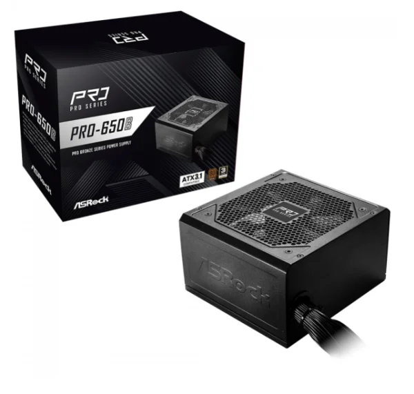 Fonte ASRock Pro, 650W, 80 Plus Bronze, ATX 3.1, PFC Ativo, Preto, PRO-650B