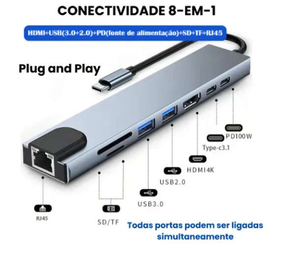Adaptador USB Hub Extensor Type C 8 em 1 BM-8645 B-MAX