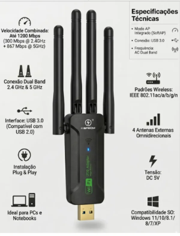 Adaptador Wifi Usb 3.0 Ac1200 Dual Band 4 Antenas KA-T8190 KAPBOM