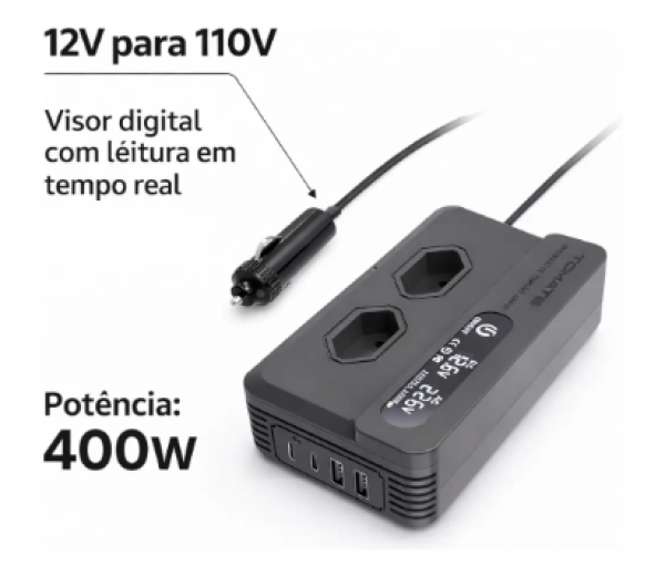 Inversor 12v Para 110v 400w Automotivo Usb Tipo-c Visor Tomate Min-6