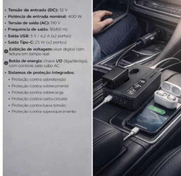 Inversor 12v Para 110v 400w Automotivo Usb Tipo-c Visor Tomate Min-6