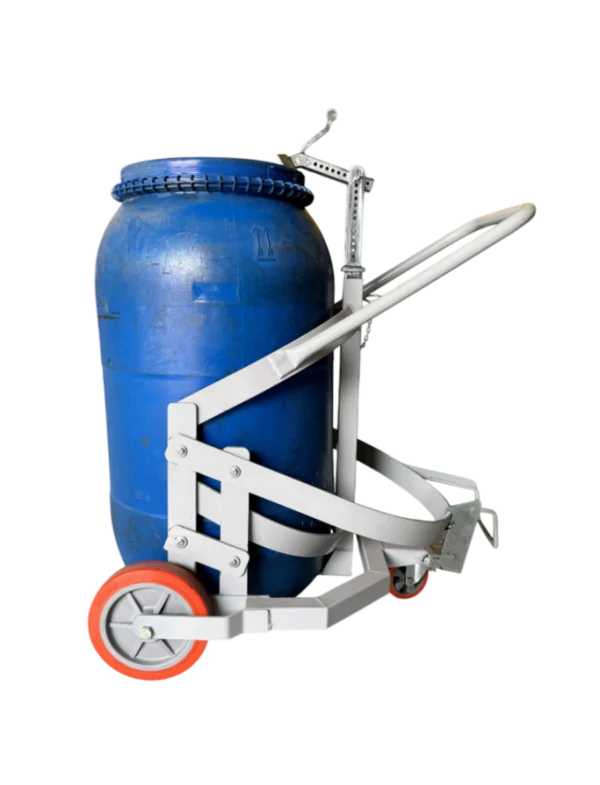 Carrinho manual TI-02 transportando bombona de 200 litros com tampa roscada