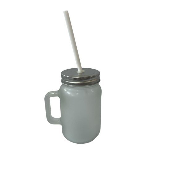 Caneca de vidro jateado c/ tampa e canudo 450 ml
