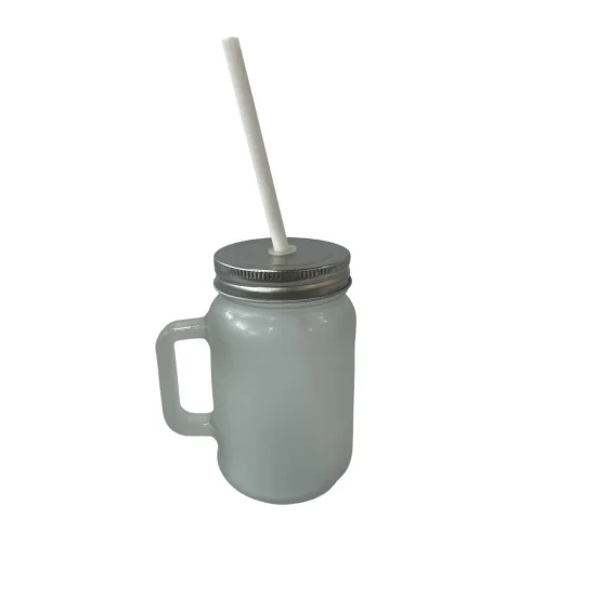 Caneca de vidro jateado c/ tampa e canudo 450 ml