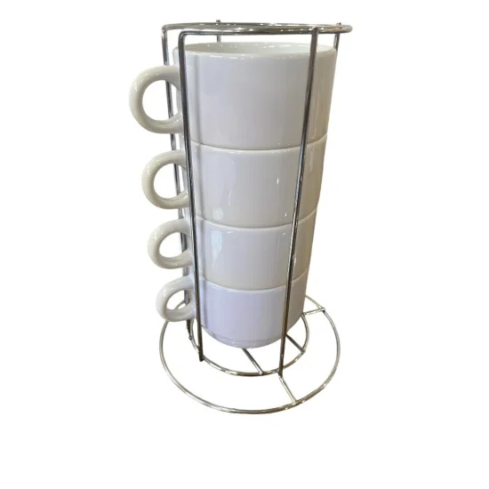 KIT DE XICARA CERAMICA BRANCA 150 ML 4 PEAS +SUPORTE DE METAL