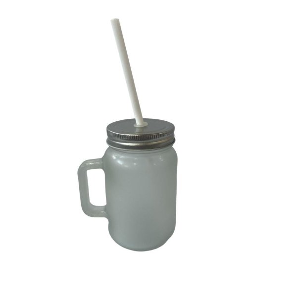 Caneca de vidro jateado c/ tampa e canudo 450 ml