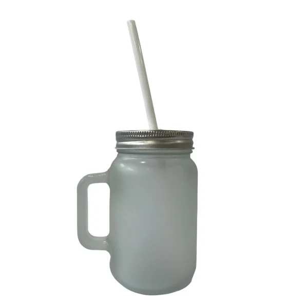 Caneca de vidro jateado c/ tampa e canudo 450 ml