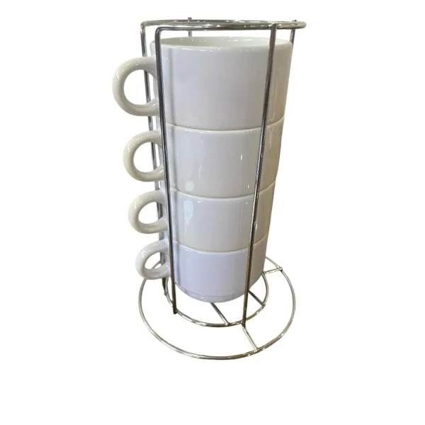 KIT DE XICARA CERAMICA BRANCA 150 ML 4 PEAS +SUPORTE DE METAL