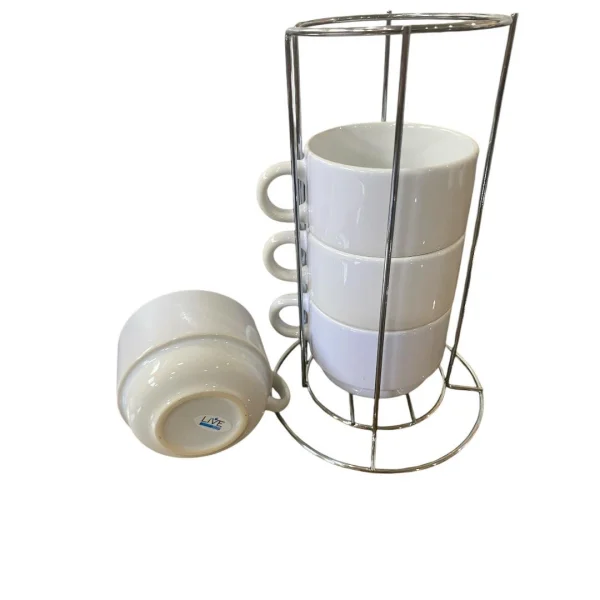 KIT DE XICARA CERAMICA BRANCA 150 ML 4 PEAS +SUPORTE DE METAL