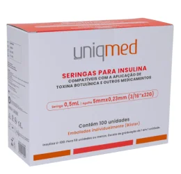 Seringa para Insulina Uniqmed 0.5mL Agulha 5mmx0.23mm - Caixa com 100 unidades (Blister individual)
