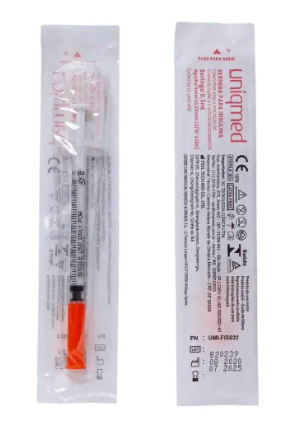 Seringa para Insulina Uniqmed 0.5mL Agulha 5mmx0.23mm - Caixa com 100 unidades (Blister individual)