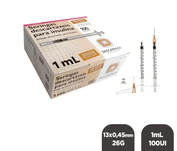 Seringa Insulina 1mL 100UI Ag. 13x0,45mm 26G Cx C/ 100un Descarpack