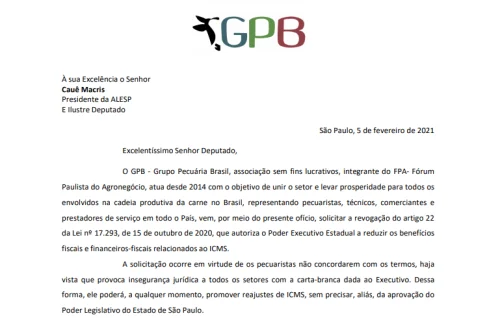 Em ofcio encaminhado ao Legislativo, GPB solicita a revogao de lei que trata sobre o aumento do ICMS