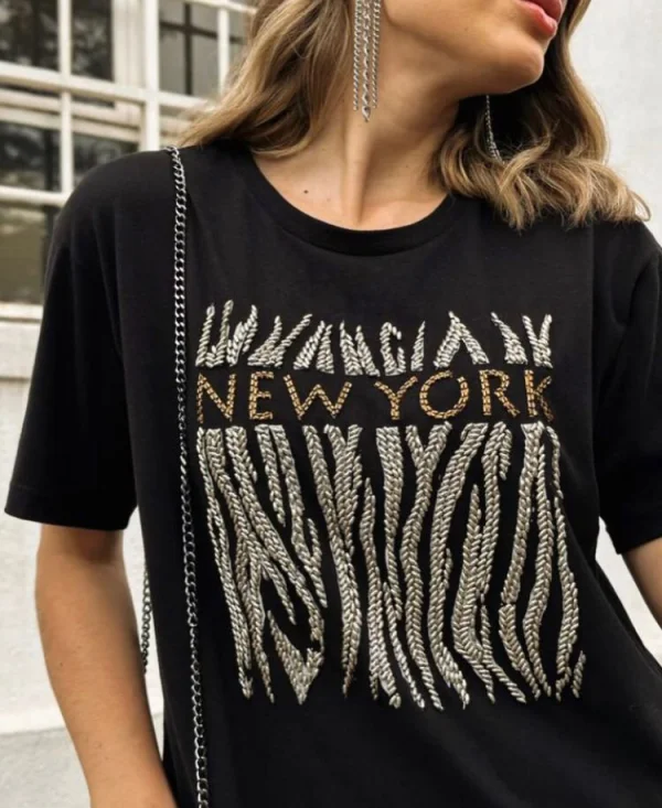 T-Shirt Dress NY Zebra com pedrarias
